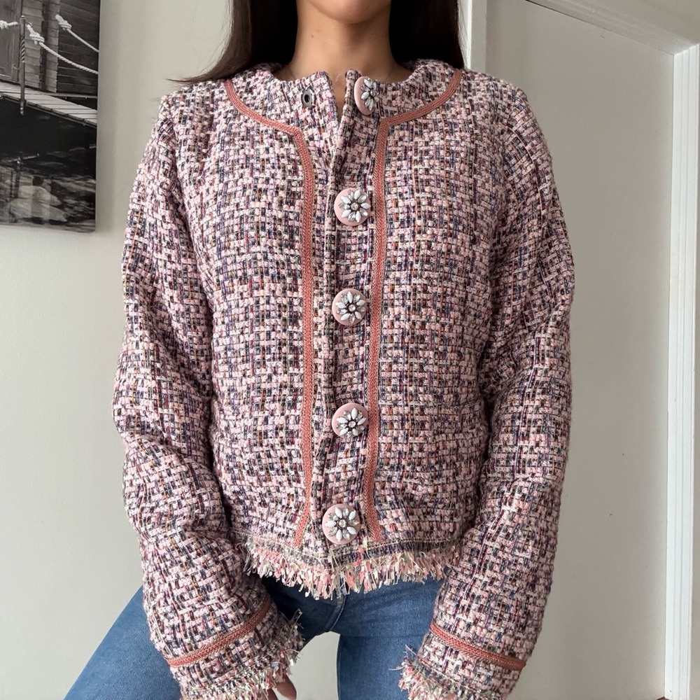 EsQualo Tweed Cropped Jacket Pink Preppy Chic Statement Buttons